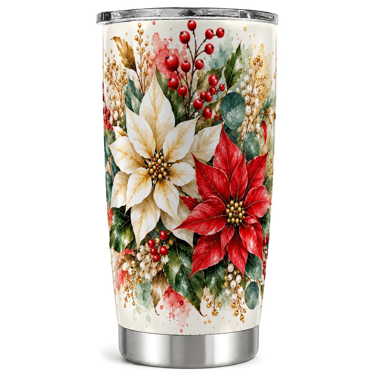 Christmas Poinsettia Tumbler 20oz, Floral Stainless Steel Travel Cup