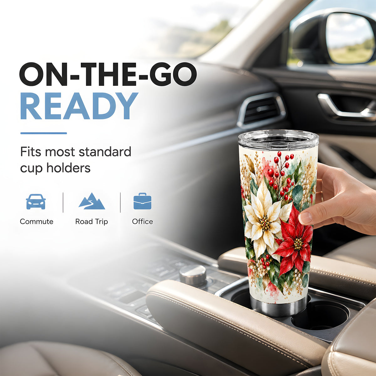 Christmas Poinsettia Tumbler 20oz, Floral Stainless Steel Travel Cup