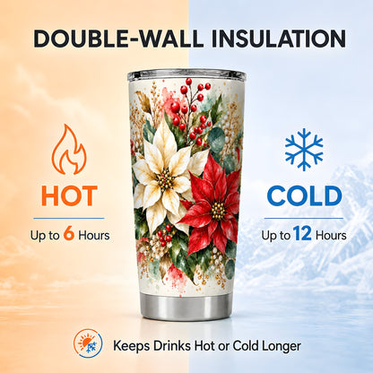 Christmas Poinsettia Tumbler 20oz, Floral Stainless Steel Travel Cup