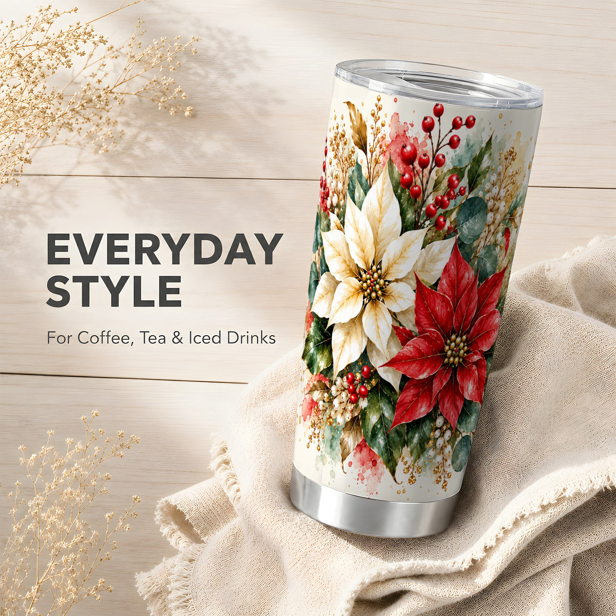 Christmas Poinsettia Tumbler 20oz, Floral Stainless Steel Travel Cup