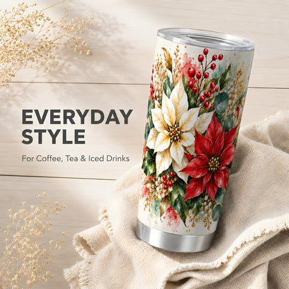 Christmas Poinsettia Tumbler 20oz, Floral Stainless Steel Travel Cup