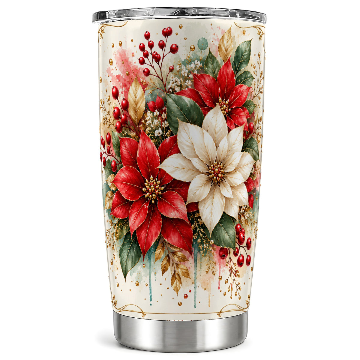 Christmas Poinsettia Tumbler 20oz, Vintage Stainless Steel Travel Cup