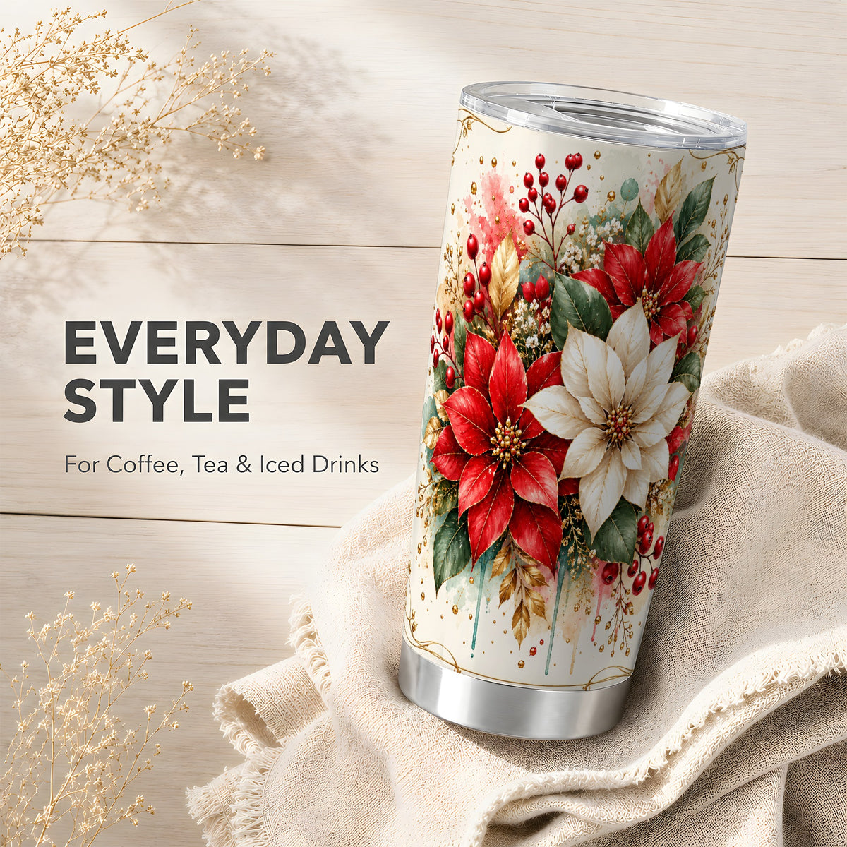 Christmas Poinsettia Tumbler 20oz, Vintage Stainless Steel Travel Cup