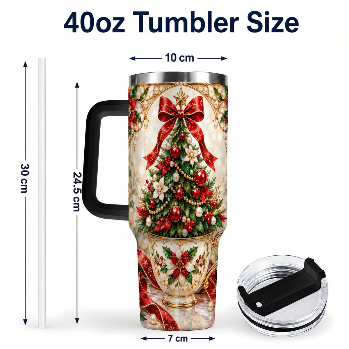 #pl[40oz|Black] Christmas Tree 40oz Tumbler with Handle, Holiday Floral Design