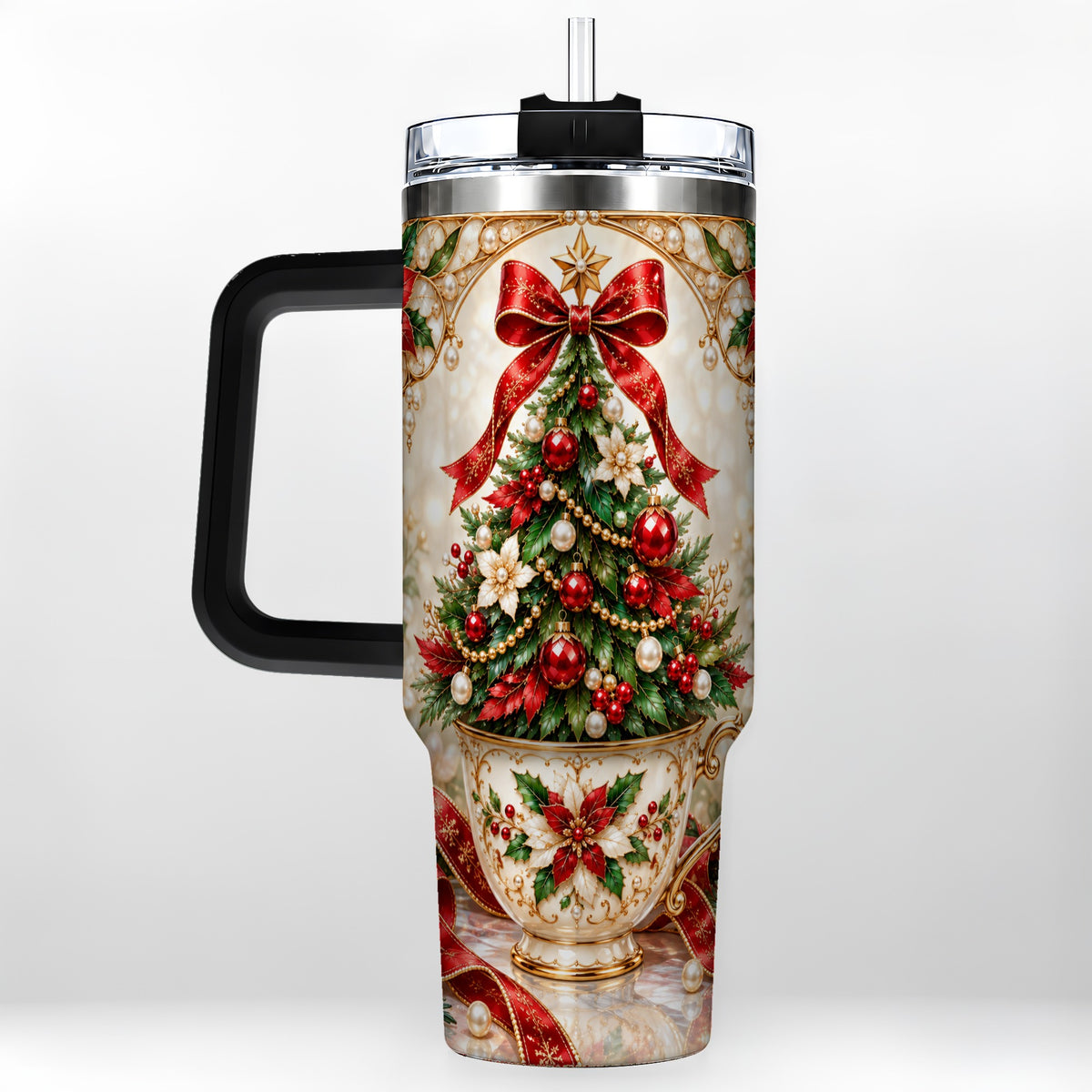 #pl[40oz|Black] Christmas Tree 40oz Tumbler with Handle, Holiday Floral Design