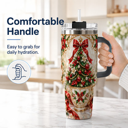 #pl[40oz|Black] Christmas Tree 40oz Tumbler with Handle, Holiday Floral Design
