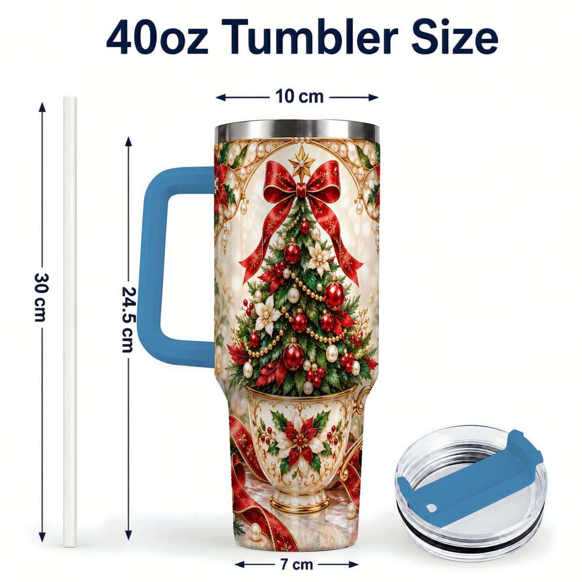 #pl[40oz|Blue] Christmas Tree 40oz Tumbler with Handle, Holiday Floral Design