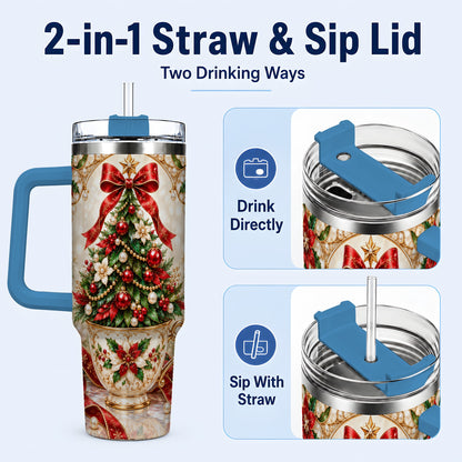 #pl[40oz|Blue] Christmas Tree 40oz Tumbler with Handle, Holiday Floral Design