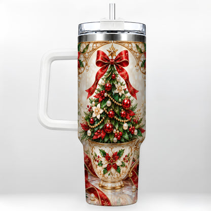 Christmas Tree 40oz Tumbler with Handle, Holiday Floral Design