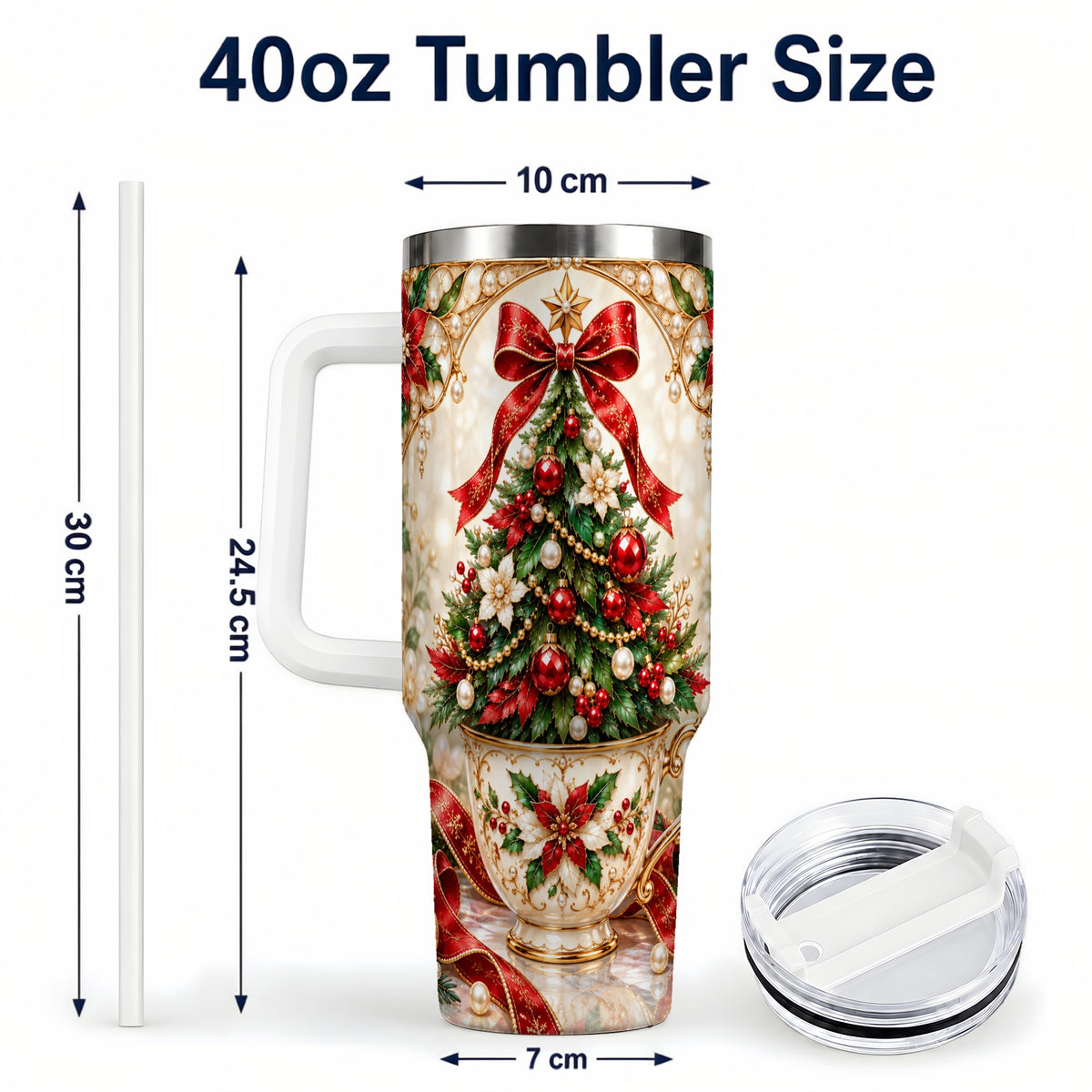 #pl[40oz|White] Christmas Tree 40oz Tumbler with Handle, Holiday Floral Design