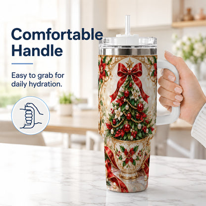 #pl[40oz|White] Christmas Tree 40oz Tumbler with Handle, Holiday Floral Design