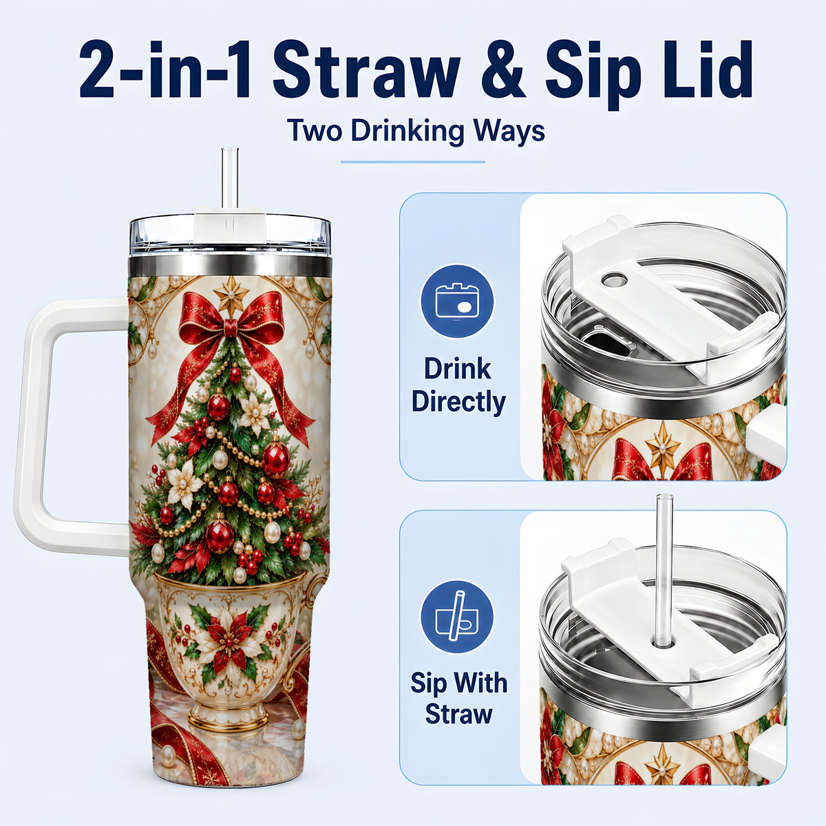 #pl[40oz|White] Christmas Tree 40oz Tumbler with Handle, Holiday Floral Design