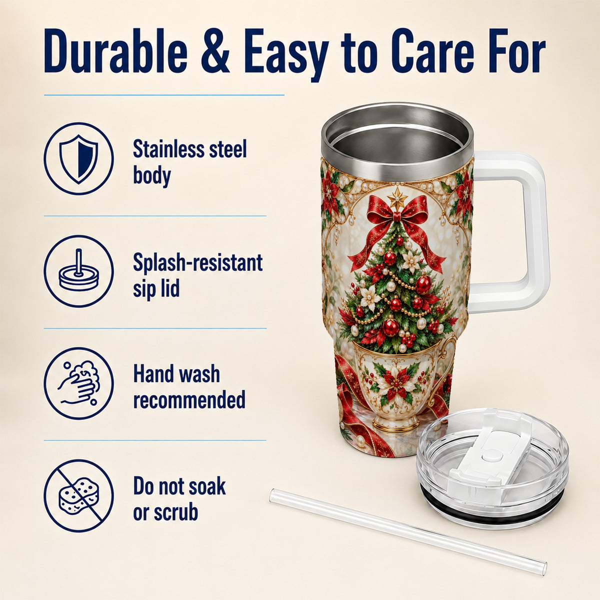 Christmas Tree 40oz Tumbler with Handle, Holiday Floral Design