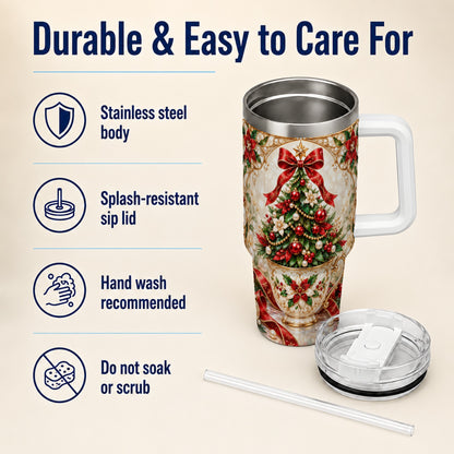 Christmas Tree 40oz Tumbler with Handle, Holiday Floral Design