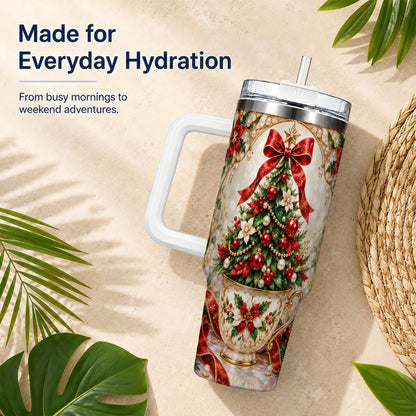 Christmas Tree 40oz Tumbler with Handle, Holiday Floral Design