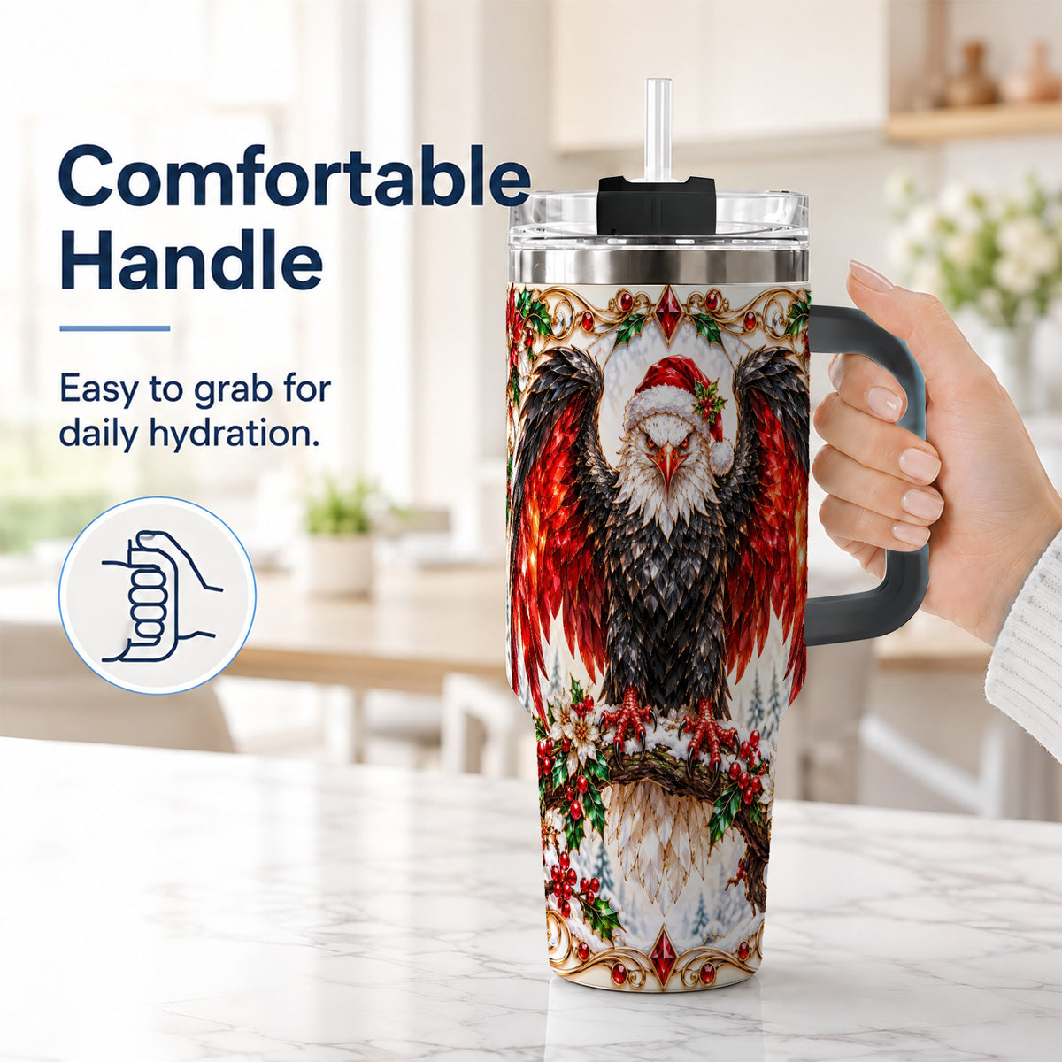 #pl[40oz|Black] Christmas Eagle 40oz Tumbler with Handle, Winter Wildlife Art