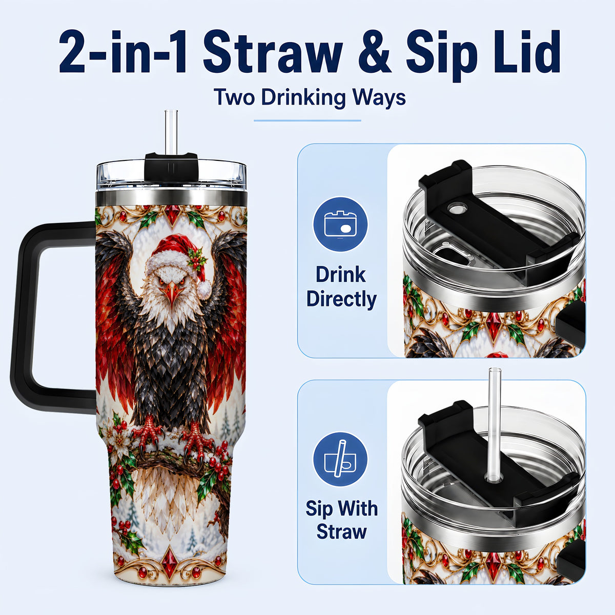 #pl[40oz|Black] Christmas Eagle 40oz Tumbler with Handle, Winter Wildlife Art