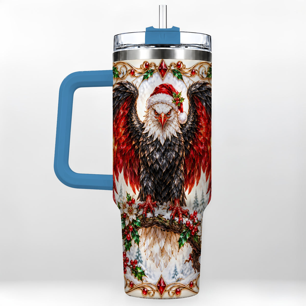 #pl[40oz|Blue] Christmas Eagle 40oz Tumbler with Handle, Winter Wildlife Art