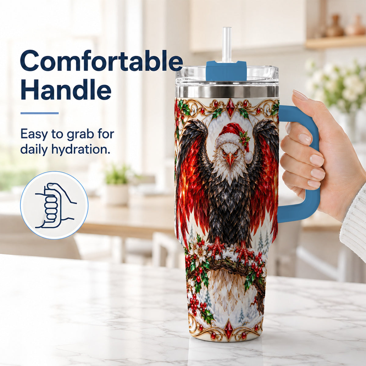 #pl[40oz|Blue] Christmas Eagle 40oz Tumbler with Handle, Winter Wildlife Art