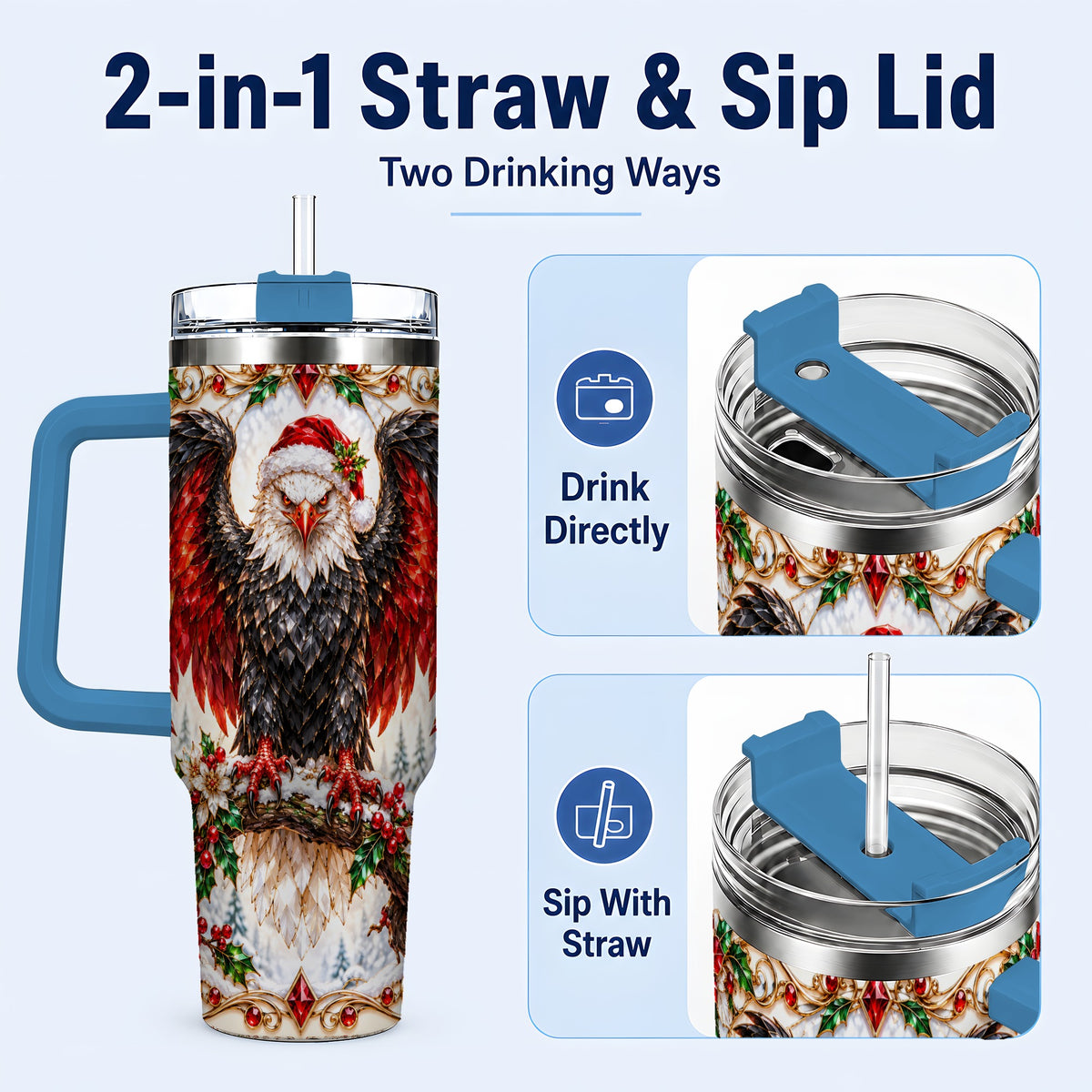 #pl[40oz|Blue] Christmas Eagle 40oz Tumbler with Handle, Winter Wildlife Art