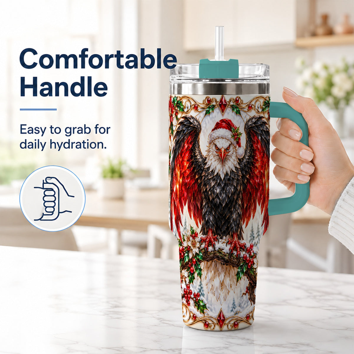 #pl[40oz|Green] Christmas Eagle 40oz Tumbler with Handle, Winter Wildlife Art