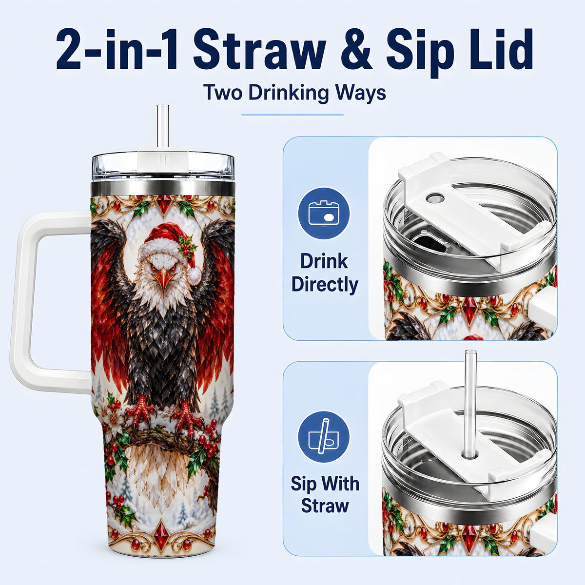 #pl[40oz|White] Christmas Eagle 40oz Tumbler with Handle, Winter Wildlife Art