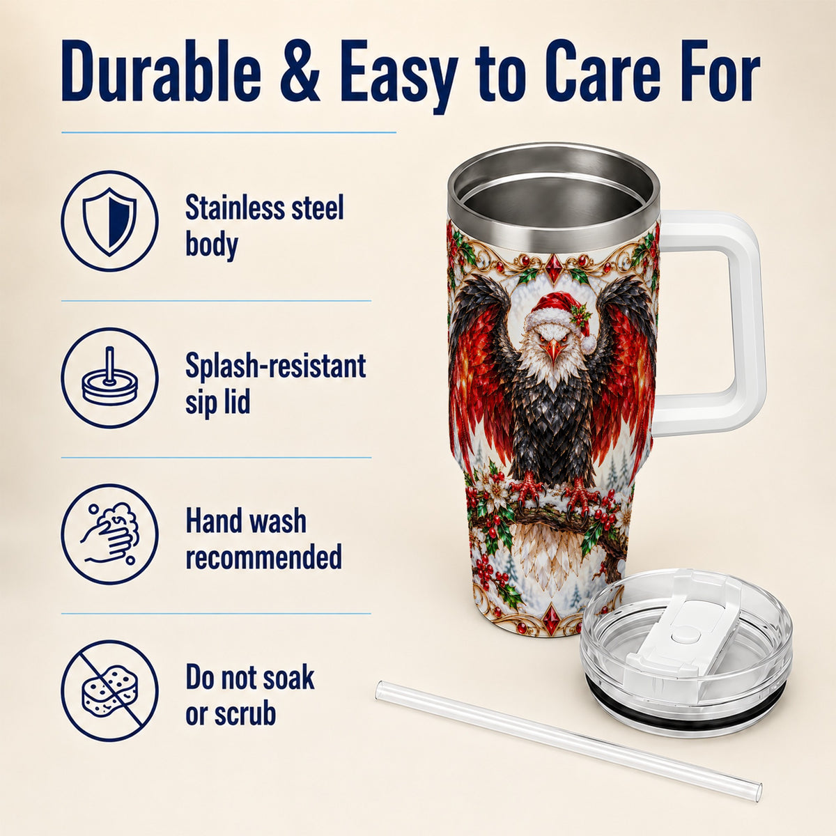 Christmas Eagle 40oz Tumbler with Handle, Winter Wildlife Art