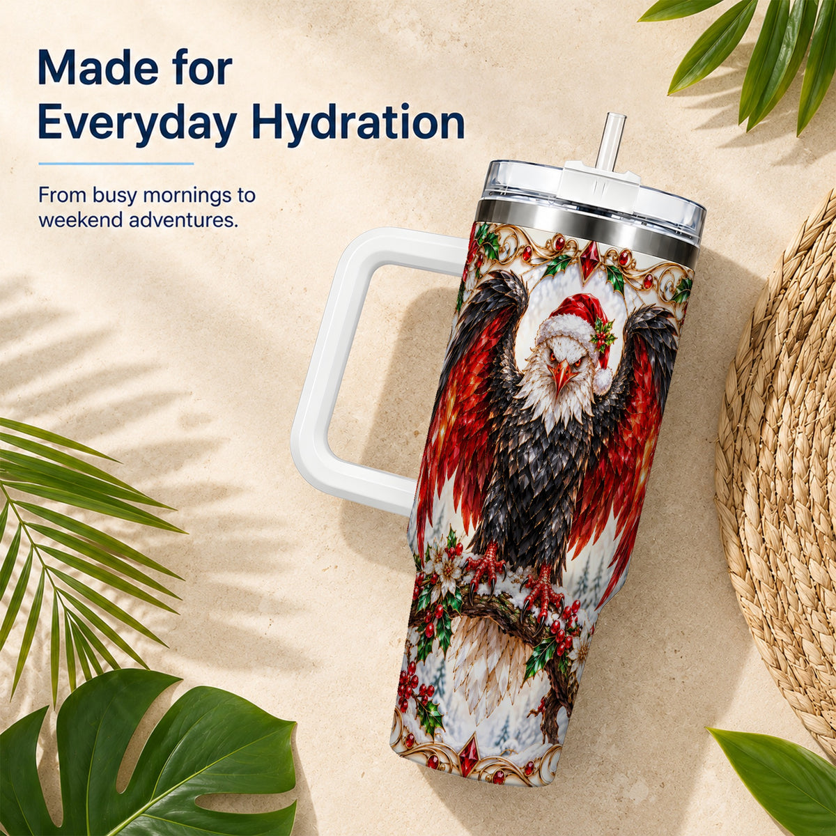 Christmas Eagle 40oz Tumbler with Handle, Winter Wildlife Art