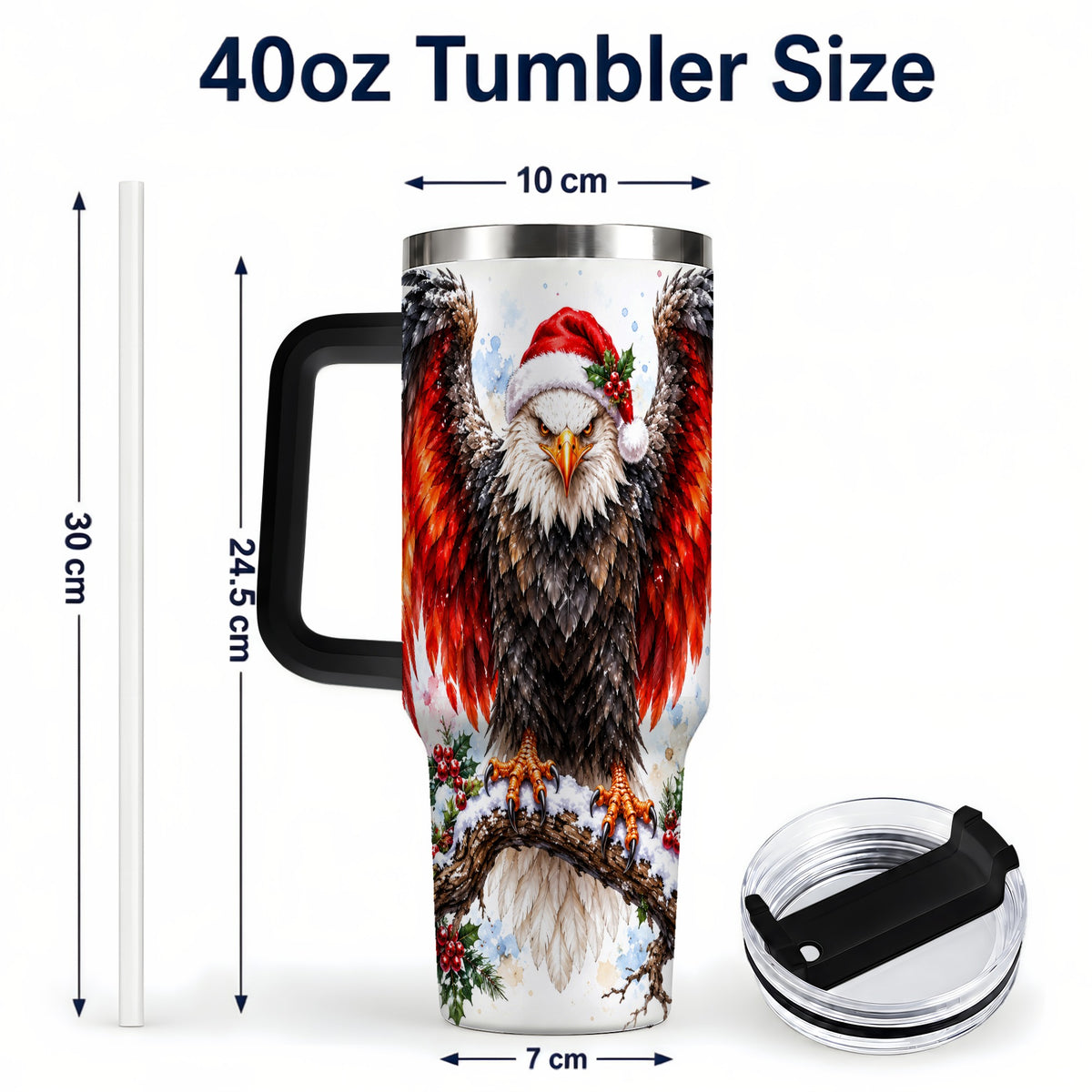 #pl[40oz|Black] Christmas Eagle 40oz Tumbler with Handle, Watercolor Wildlife Art