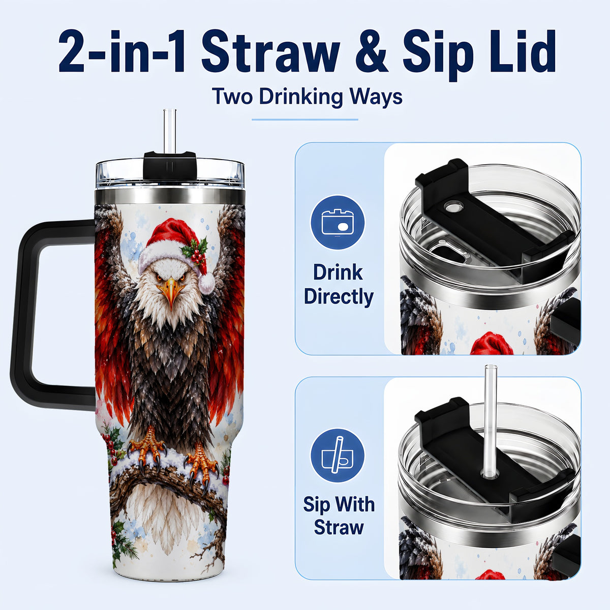 #pl[40oz|Black] Christmas Eagle 40oz Tumbler with Handle, Watercolor Wildlife Art