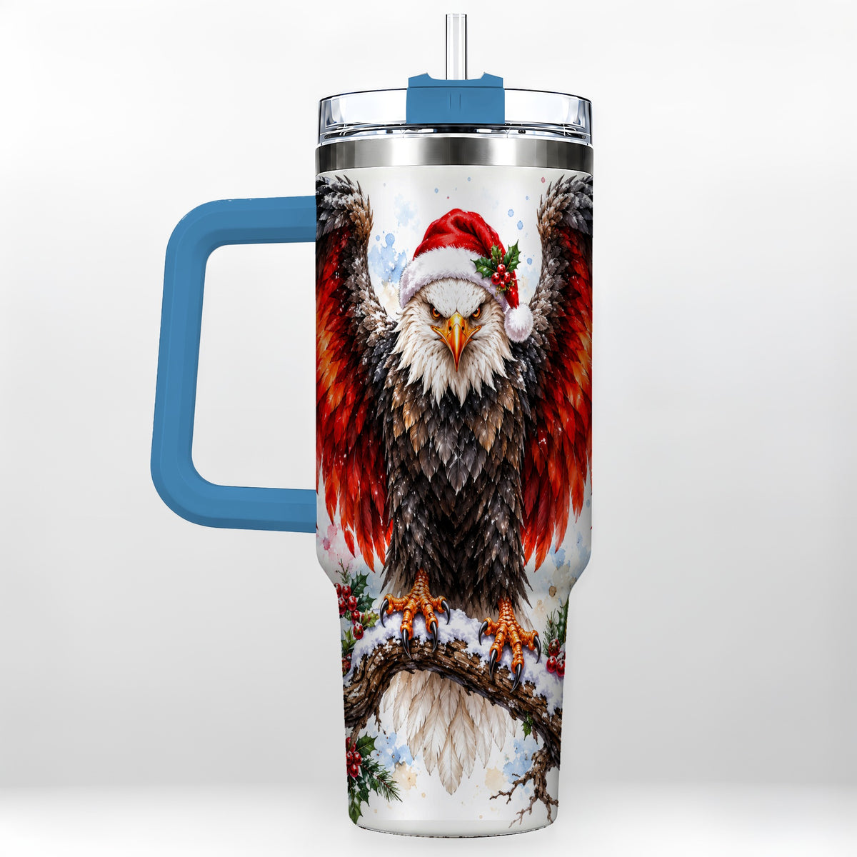 #pl[40oz|Blue] Christmas Eagle 40oz Tumbler with Handle, Watercolor Wildlife Art