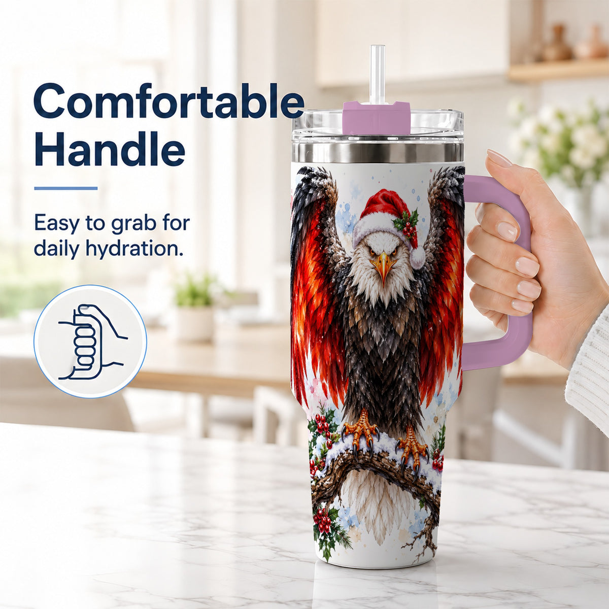 #pl[40oz|Pink] Christmas Eagle 40oz Tumbler with Handle, Watercolor Wildlife Art