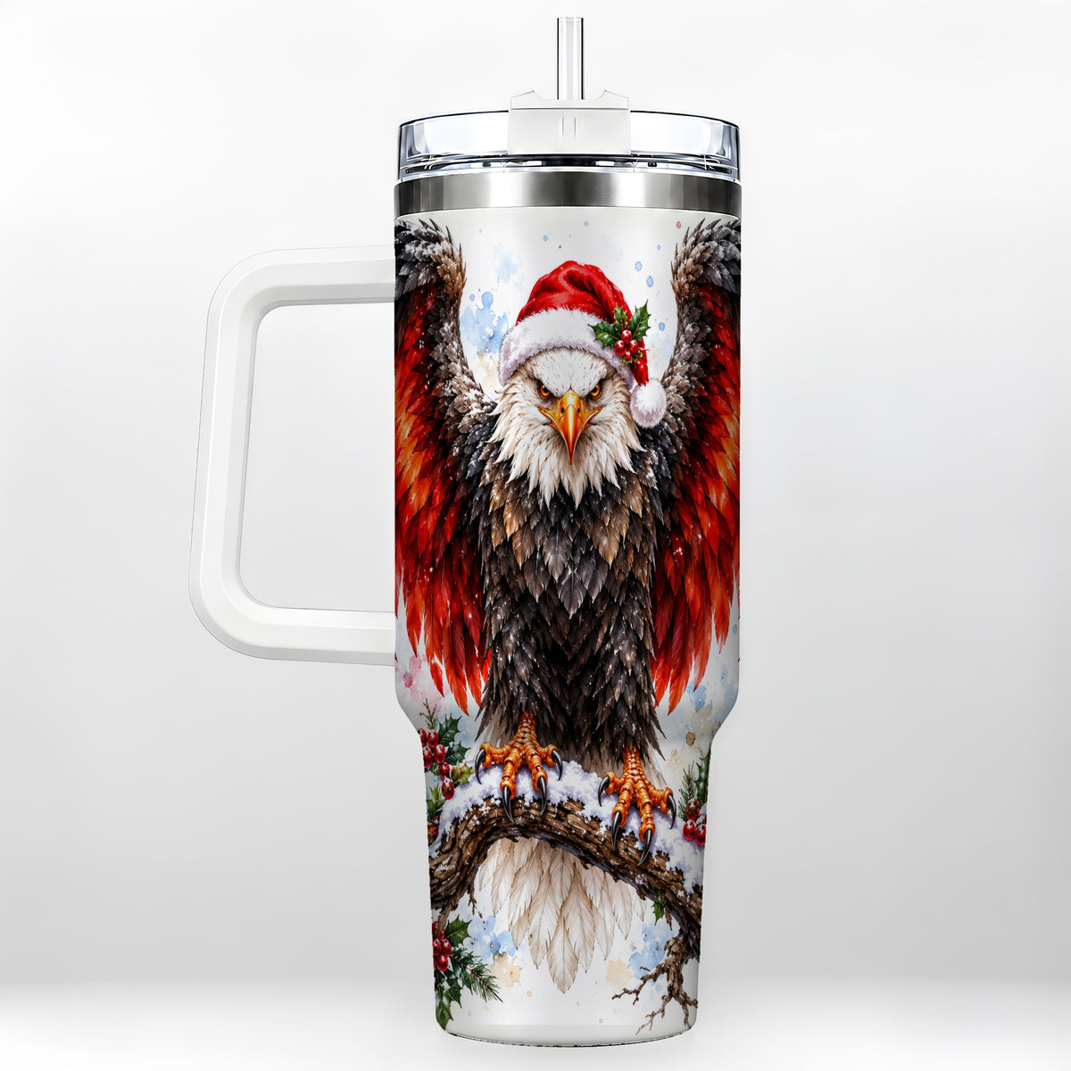 Christmas Eagle 40oz Tumbler with Handle, Watercolor Wildlife Art