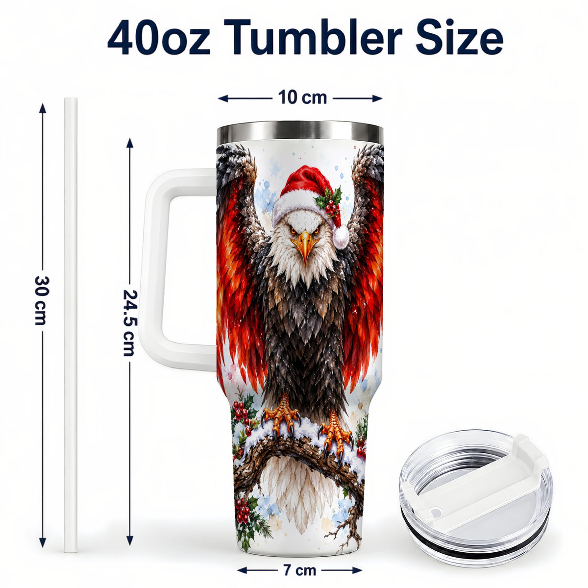 #pl[40oz|White] Christmas Eagle 40oz Tumbler with Handle, Watercolor Wildlife Art