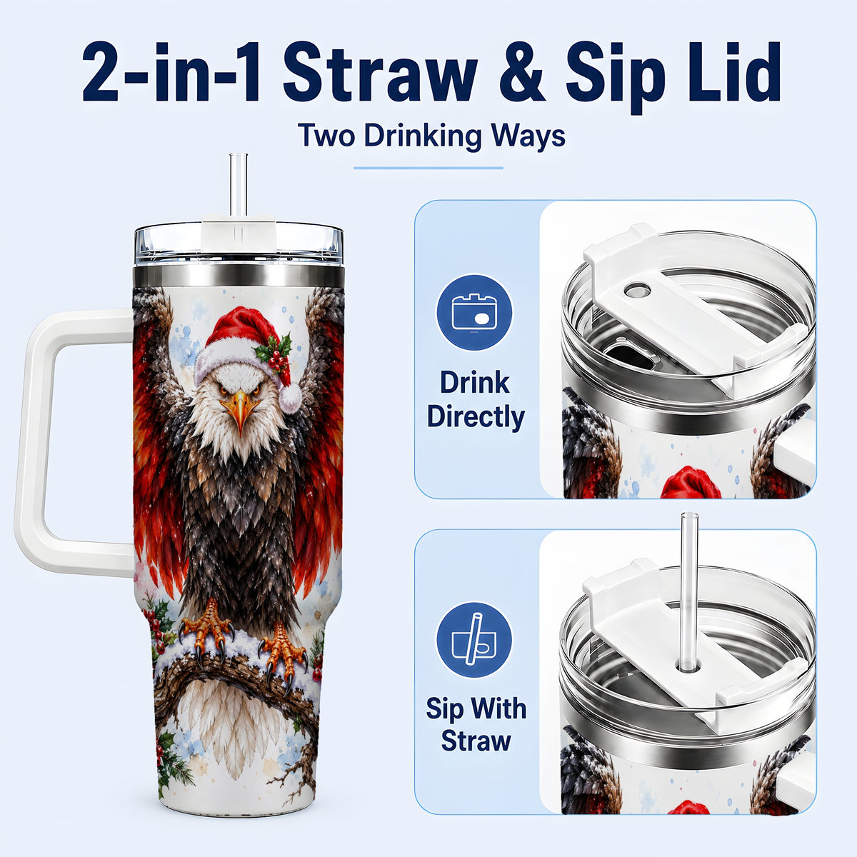 #pl[40oz|White] Christmas Eagle 40oz Tumbler with Handle, Watercolor Wildlife Art