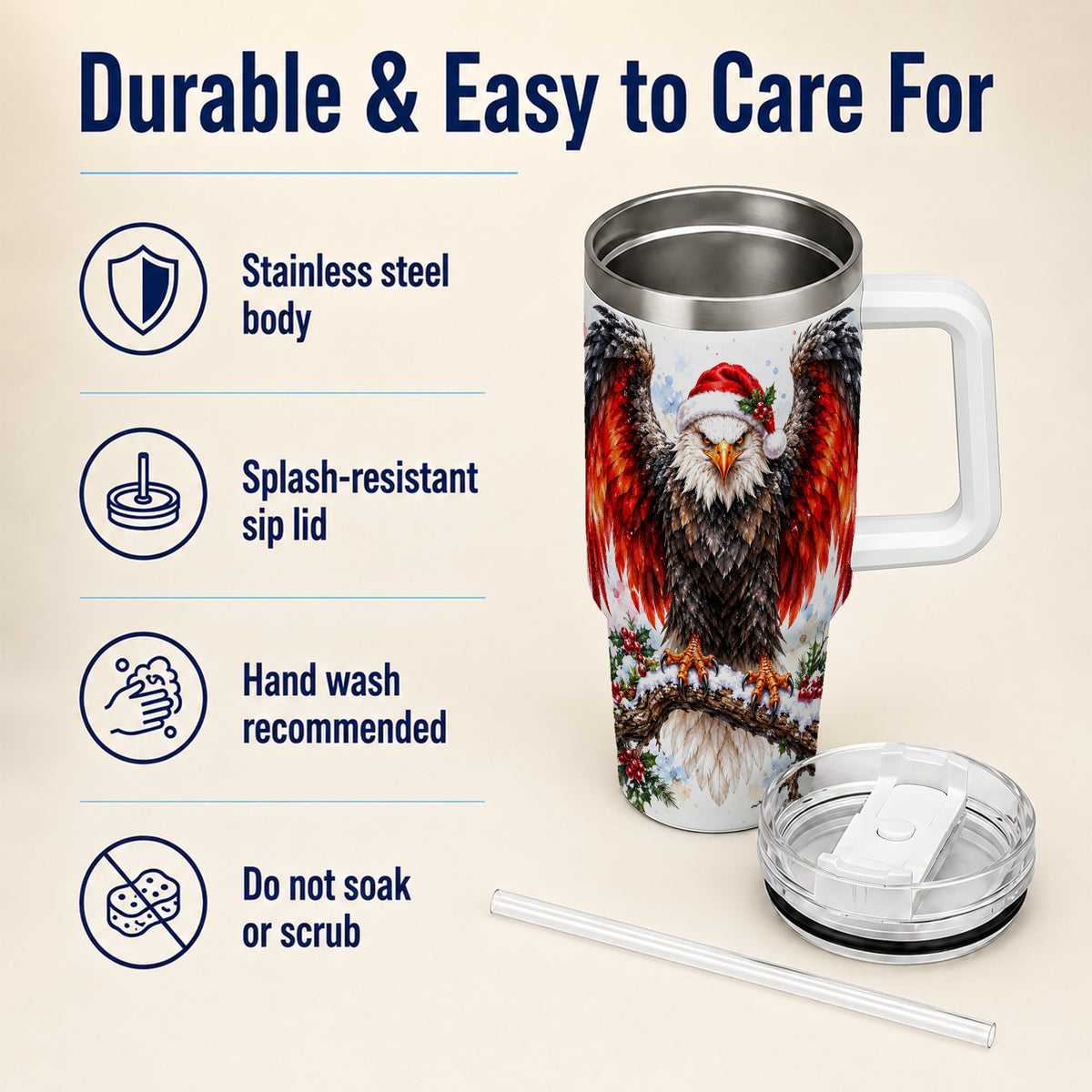 Christmas Eagle 40oz Tumbler with Handle, Watercolor Wildlife Art
