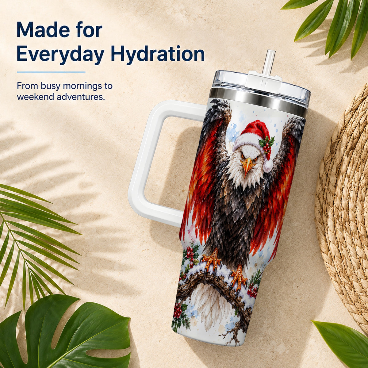 Christmas Eagle 40oz Tumbler with Handle, Watercolor Wildlife Art