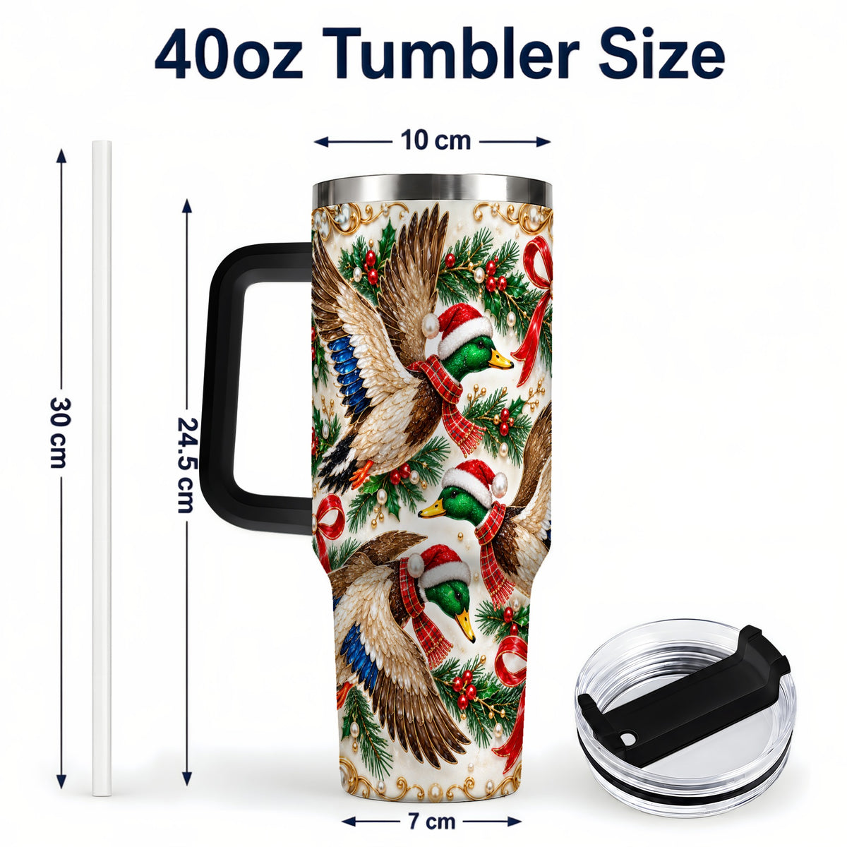 #pl[40oz|Black] Christmas Mallard 40oz Tumbler with Handle, Festive Duck Trio Art