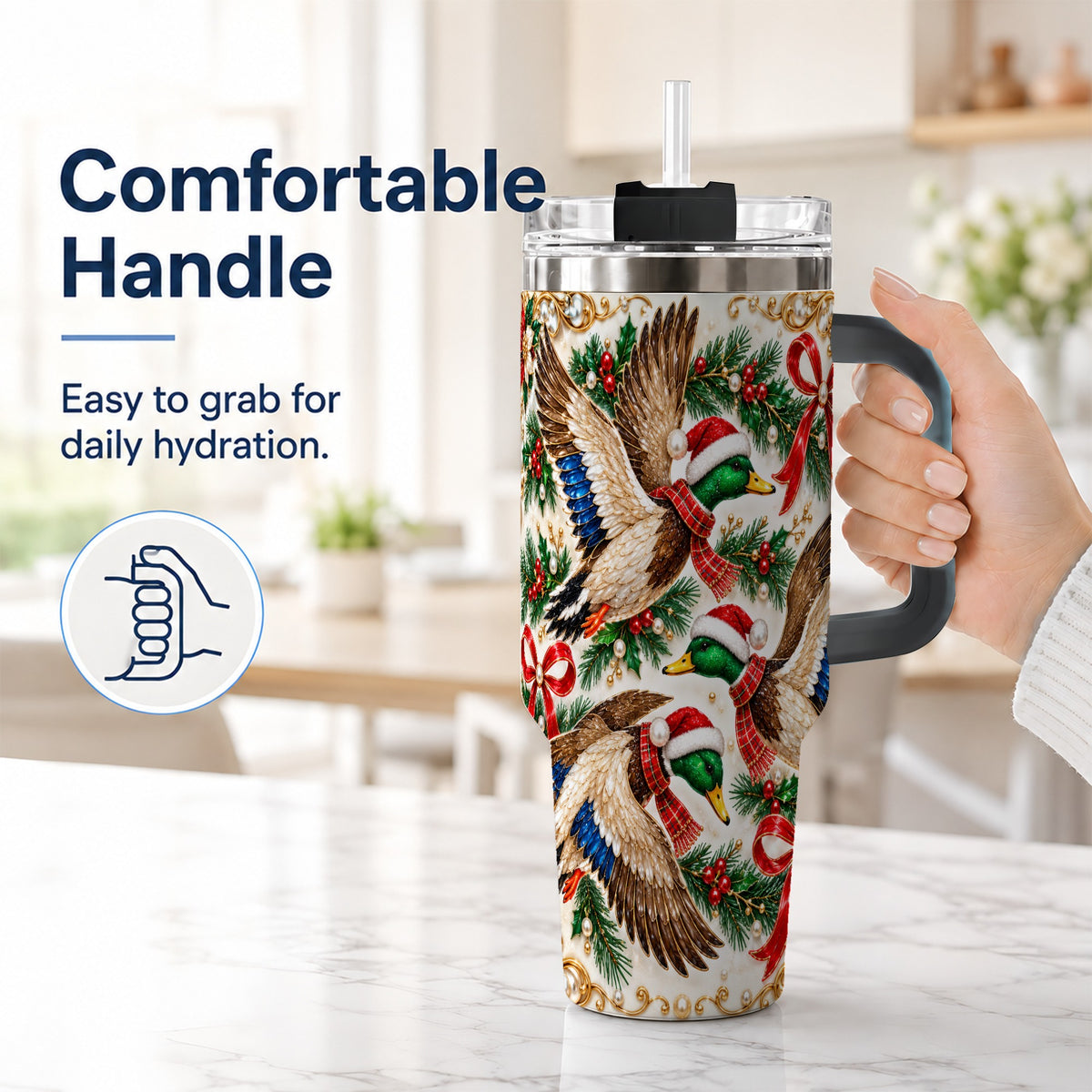 #pl[40oz|Black] Christmas Mallard 40oz Tumbler with Handle, Festive Duck Trio Art
