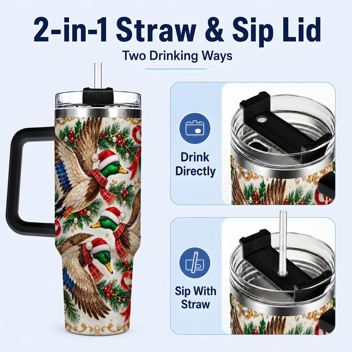 #pl[40oz|Black] Christmas Mallard 40oz Tumbler with Handle, Festive Duck Trio Art