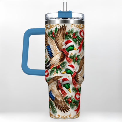 #pl[40oz|Blue] Christmas Mallard 40oz Tumbler with Handle, Festive Duck Trio Art