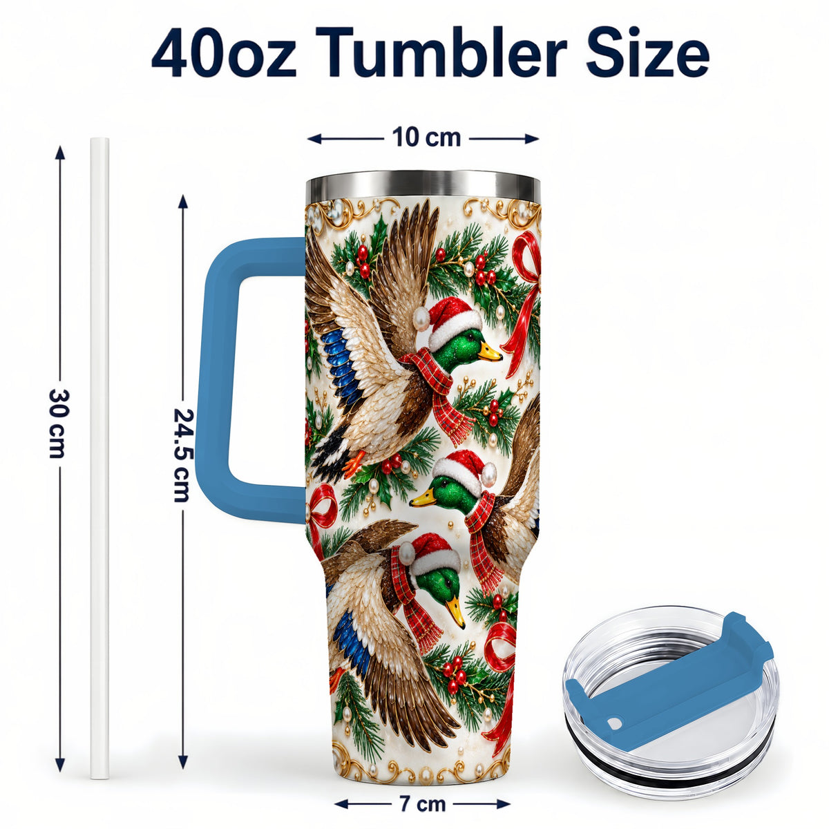 #pl[40oz|Blue] Christmas Mallard 40oz Tumbler with Handle, Festive Duck Trio Art