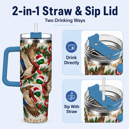 #pl[40oz|Blue] Christmas Mallard 40oz Tumbler with Handle, Festive Duck Trio Art