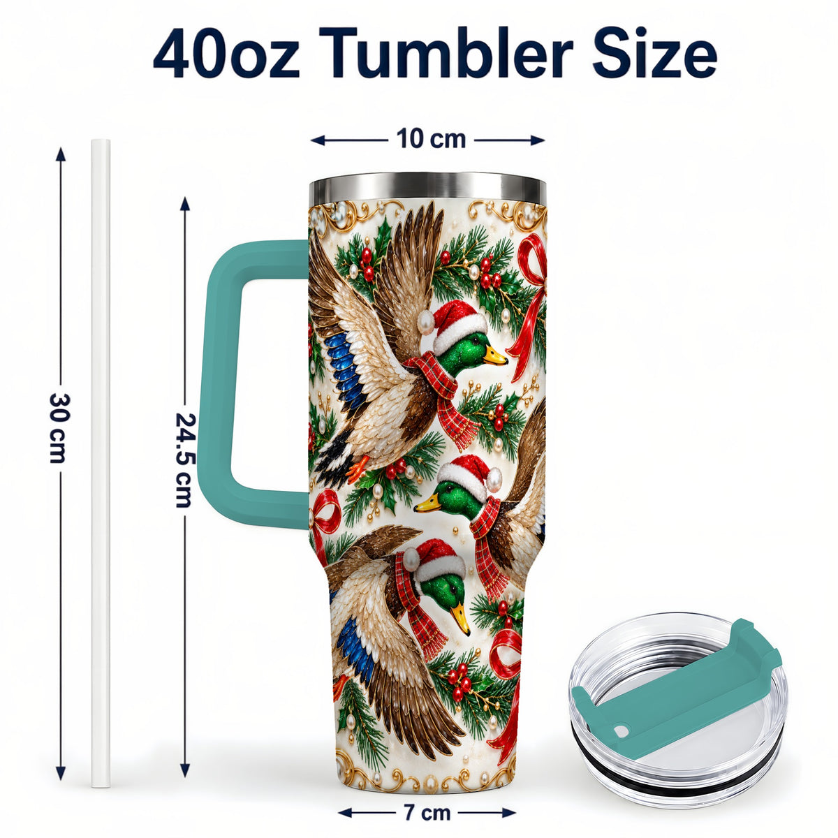 #pl[40oz|Green] Christmas Mallard 40oz Tumbler with Handle, Festive Duck Trio Art