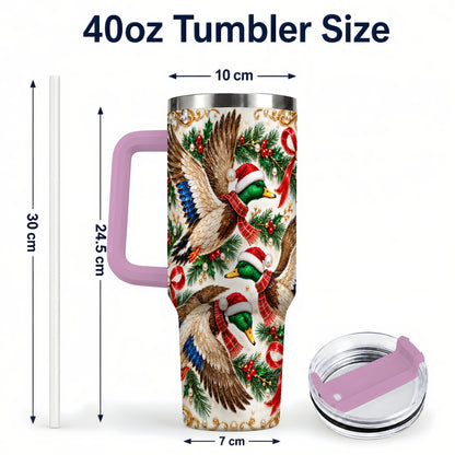 #pl[40oz|Pink] Christmas Mallard 40oz Tumbler with Handle, Festive Duck Trio Art
