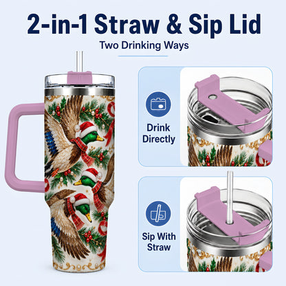 #pl[40oz|Pink] Christmas Mallard 40oz Tumbler with Handle, Festive Duck Trio Art