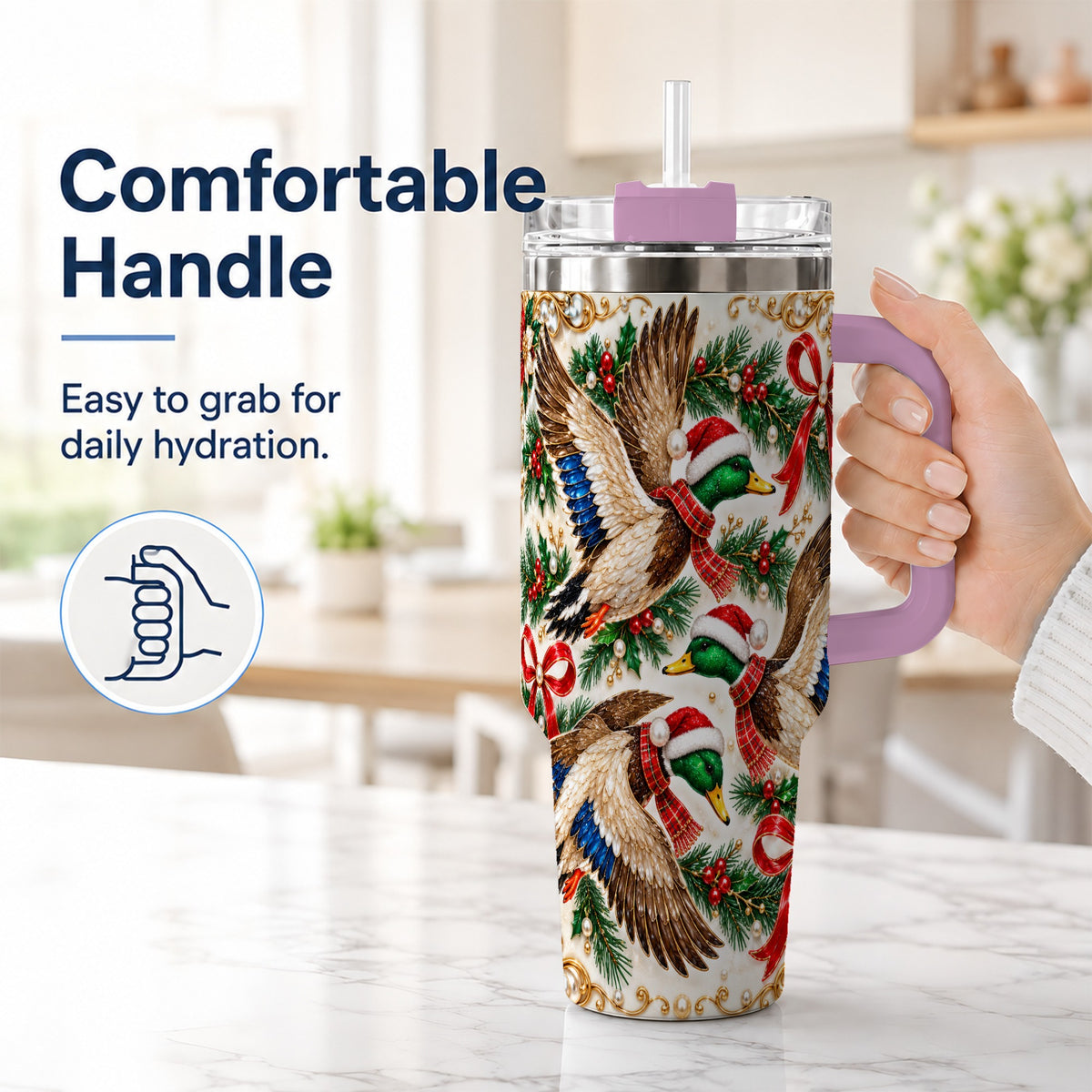 #pl[40oz|Pink] Christmas Mallard 40oz Tumbler with Handle, Festive Duck Trio Art