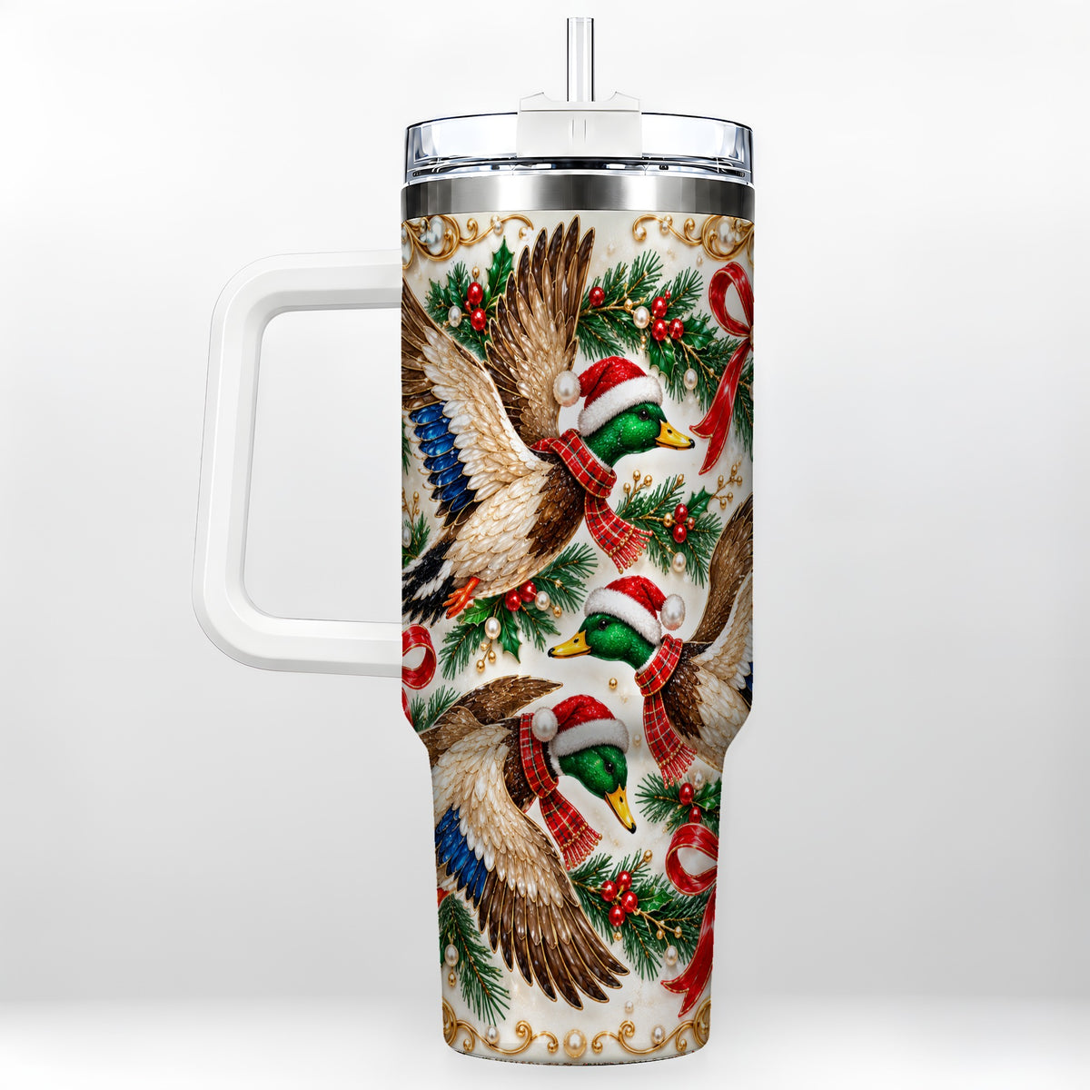 Christmas Mallard 40oz Tumbler with Handle, Festive Duck Trio Art