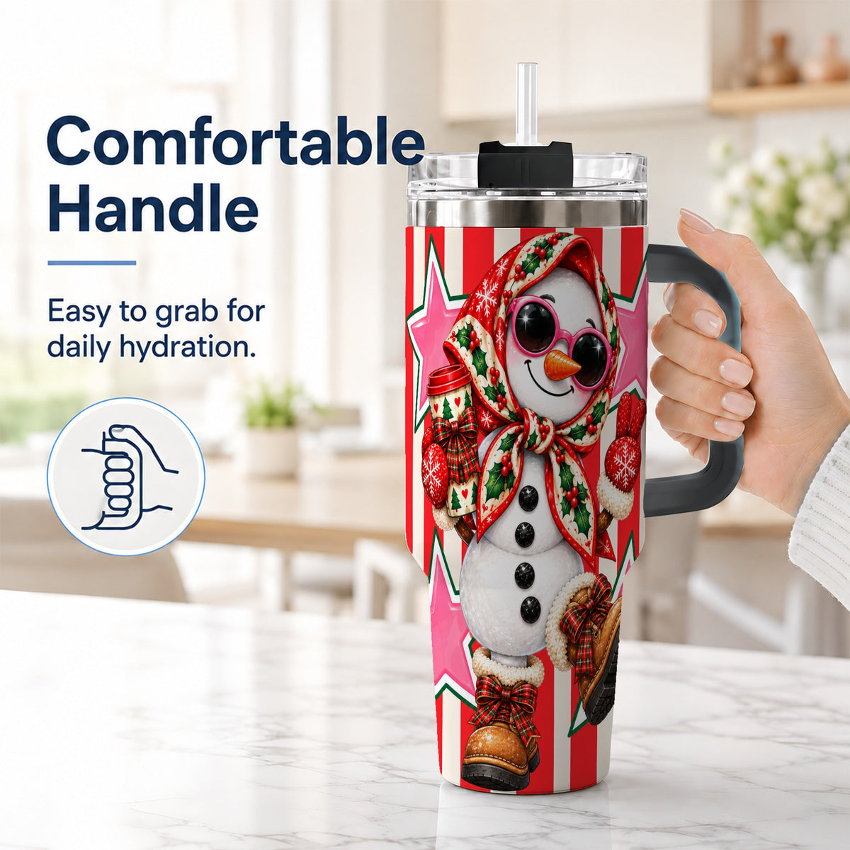 #pl[40oz|Black] Cute Snowman 40oz Tumbler with Handle, Retro Christmas Design