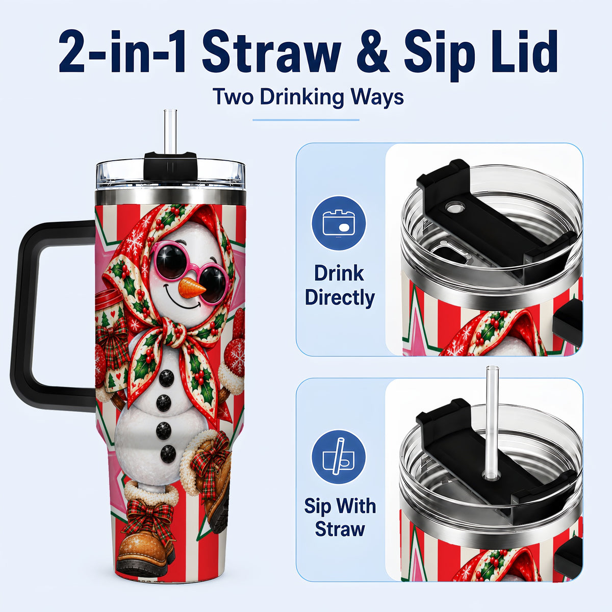 #pl[40oz|Black] Cute Snowman 40oz Tumbler with Handle, Retro Christmas Design
